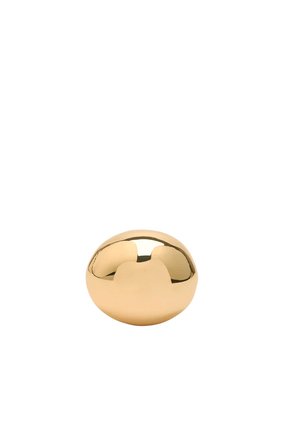 Gładka, błyszcząca, owalna rzeźba w kolorze złota z refleksyjną powierzchnią na jednolitym białym tle.