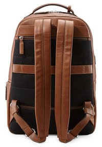 Brauner Leder- und schwarzer Mesh-Rucksack mit gepolsterten Trägern, einem Handgriff oben und einem Reißverschlussfach auf der Rückseite.
