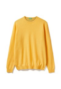 Žlutý pletený svetr s kulatým výstřihem, dlouhými rukávy a žebrovanými manžetami a lemem. Měkká textura a volný střih.