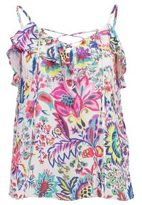 Top floral multicolor con tejido liviano, mangas acampanadas, tirantes finos y detalle en forma de ojal en la parte frontal.