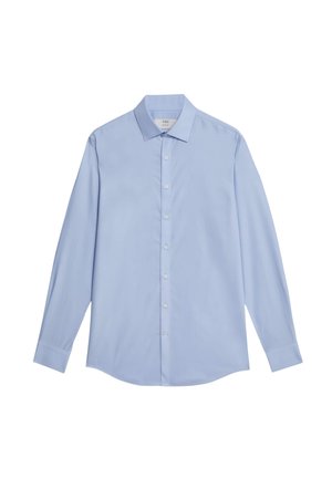 Jasnoniebieska koszula zapinana na guziki wykonana z gładkiej bawełny, z kołnierzykiem, długimi rękawami i zaokrąglonym hemem. Białe guziki podkreślają design.