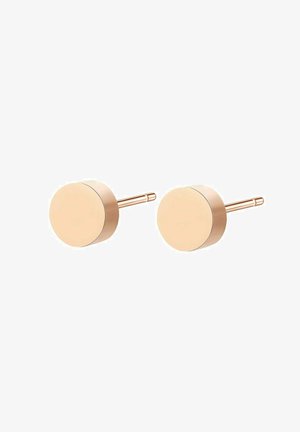 Pendientes metálicos redondos con un acabado en oro rosa pulido, que presentan un diseño simple y postes rectos para un uso seguro.