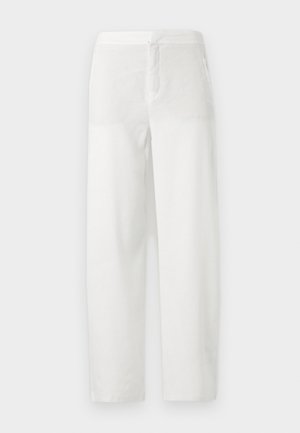 Pantaloni albi cu croială dreaptă, talie medie, buzunare laterale și închidere frontală cu fermoar ascuns.