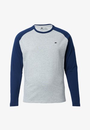 Maglietta a maniche lunghe con corpo grigio e maniche raglan blu navy. Presenta un piccolo logo di orso sul petto e un collo a giro.