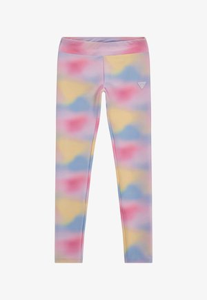 Leggingai su daugiaspalviu debesų raštu pastelinių rožinių, mėlynų ir geltonų atspalvių. Pagaminti iš tamprios, lygios medžiagos su plačiu juosmeniu.