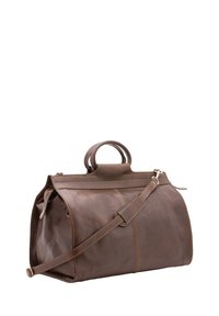Borsa da viaggio in pelle marrone con doppi manici, tracolla regolabile e cuciture a contrasto. Forma rettangolare con cuciture decorative.