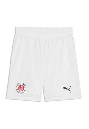 Hvide sportsshorts med elastisk talje med FC St. Pauli 1910 logo på venstre ben og sort Puma logo på højre ben.