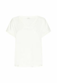 Vit V-ringad t-shirt med korta ärmar, tillverkad av mjukt och slätt tyg. Enkelt mönster utan ornament eller distinkta detaljer.