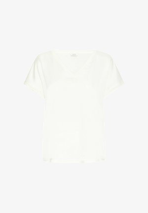 Witte V-hals t-shirt met korte mouwen, gemaakt van zachte, gladde stof. Eenvoudig ontwerp zonder patronen of opvallende hardwaredetails.