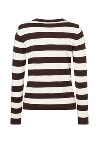 Bruin-wit gestreepte trui met lange mouwen, een ronde hals, zachte textuur, aansluitende pasvorm en geribbelde rand bij de boorden en taille.