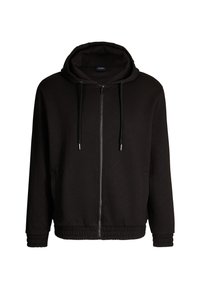 Felpa nera con zip e motivo testurizzato, cappuccio con cordoncino, polsini e orlo a coste. Realizzata in tessuto morbido con tasche laterali.