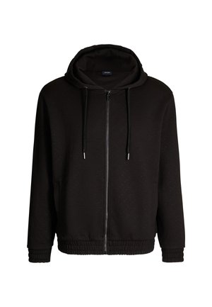 Felpa nera con zip e motivo testurizzato, cappuccio con cordoncino, polsini e orlo a coste. Realizzata in tessuto morbido con tasche laterali.