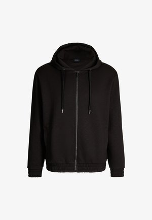 Schwarze Zip-Hoodie mit strukturiertem Muster, Kordelzugkapuze, gerippten Bündchen und Saum. Hergestellt aus weichem Stoff mit Seitentaschen.