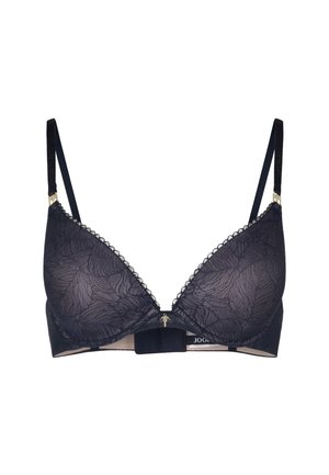 Soutien-gorge rembourré bleu marine avec un motif de dentelle en forme de feuille, bretelles réglables et petit charme décoratif au centre devant.