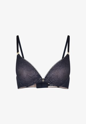 Navy blue padded bra with leaf pattern lace, adjustable straps, and small decorative charm at center front.