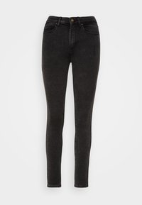 Crne traperice skinny model s visokim strukom, s pet džepova, suptilnim izbljeđenjem i zlatnim detaljima na dugmadi i zakovici.