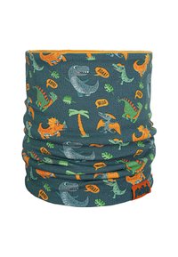 Multifarvet dinosaur-tema halsrør lavet af blødt stof. Har grønne, orange og grå dinosaurer med talebobler på en mørk baggrund.