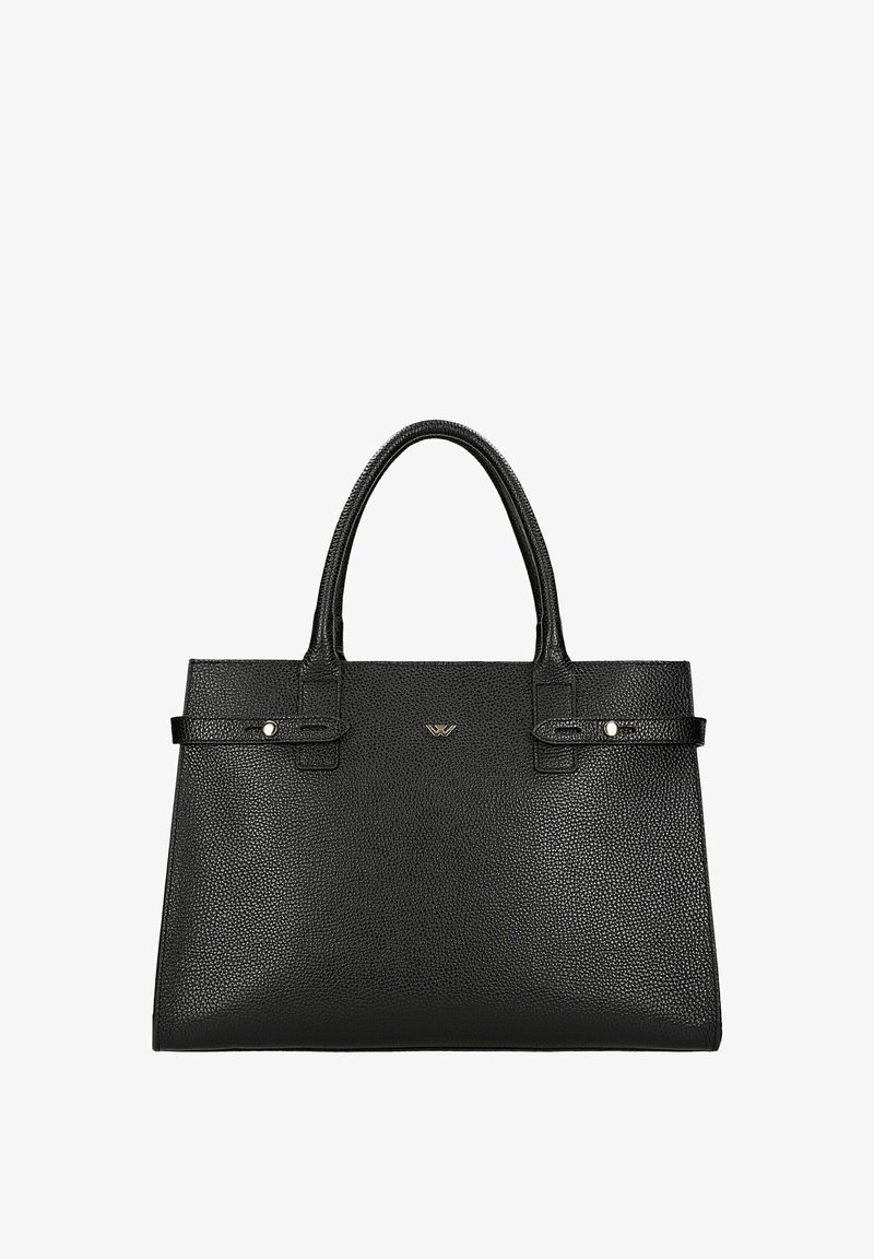 Sac à main en cuir noir texturé avec deux poignées supérieures, forme rectangulaire et petit logo métallique au centre devant.