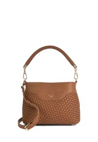 Brown woven leather handbag with smooth leather accents, a braided handle, and gold hardware. Includes an adjustable shoulder strap.