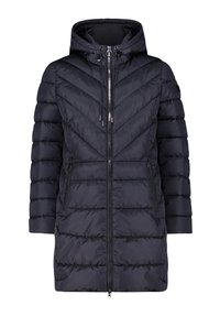 Granatowa kurtka puchowa z kapturem, z haftem w zygzak, podwójnym zamkiem błyskawicznym oraz bocznymi kieszeniami. Wykonana z pikowanego, lekkiego materiału.