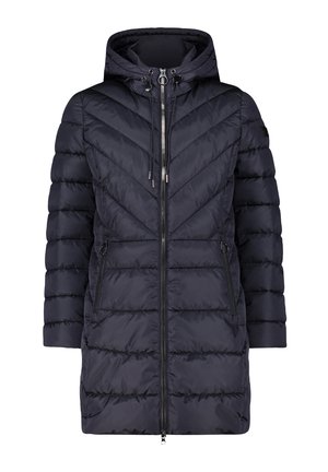 Marineblauer Steppjacke mit Kapuze, ausgestattet mit einer Chevron-Steppung, einem doppelten Reißverschluss und Seitentaschen. Hergestellt aus wattiertem, leichtem Material.