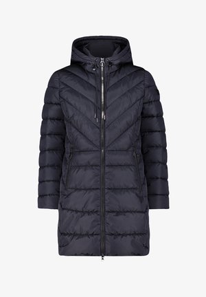 Marineblauer Steppjacke mit Kapuze, ausgestattet mit einer Chevron-Steppung, einem doppelten Reißverschluss und Seitentaschen. Hergestellt aus wattiertem, leichtem Material.