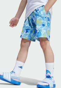 Blå mönstrade shorts med tropiska motiv, med gröna blad och blå figurer. Bärs med vita strumpor och blåa sandaler.