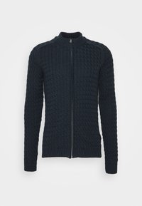 Marinblå kabelstickad heltäckande tröja med ribbad krage, cuffs och nederkant, med hög hals och långa ärmar.