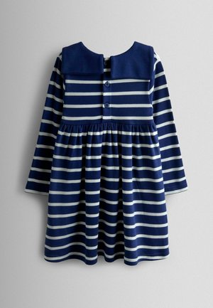 Marinblå og hvid stribet langærmet kjole med rund krave og knaplukning på ryggen. Udsvinget nederdel og blød stofstruktur.