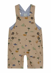 Tannfarbene Latzhosen mit Dinosaurier-Muster in verschiedenen Farben, ausgestattet mit einem gestreiften blau-weißen Innenfutter, zwei Vordertaschen und Metallknöpfen.