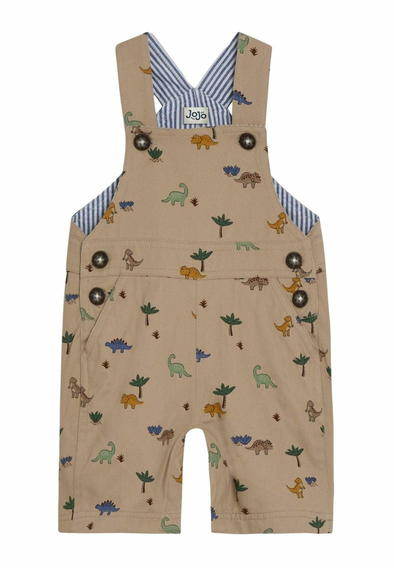 Tannfarbene Latzhosen mit Dinosaurier-Muster in verschiedenen Farben, ausgestattet mit einem gestreiften blau-weißen Innenfutter, zwei Vordertaschen und Metallknöpfen.