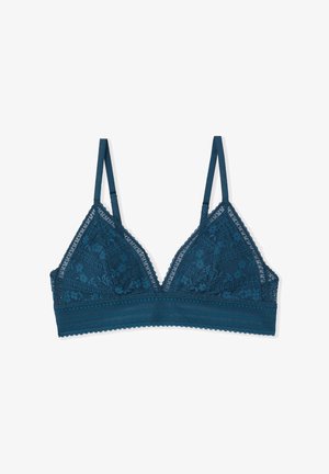 Teal lace bralette with triangular cups, adjustable straps, and a wide lace band. Floral and geometric pattern detail throughout.