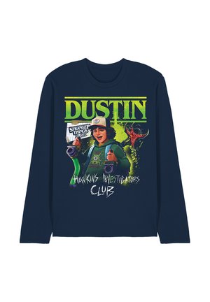 Navy long-sleeve shirt with "Dustin" text, character holding gadgets, "Stranger Things" and "Hawkins Investigators Club" graphics.