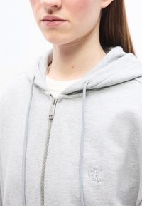 Κοντινό πλάνο ενός ατόμου που φοράει ανοιχτόγριζο φούτερ με φερμουάρ και μικρό λογότυπο "cK" στο στήθος, εμφανίζοντας το κεφάλι και το άνω μέρος του κορμού.