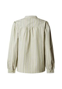 Bluza z dolgimi rokavi z navpičnimi bež, belimi in olivnimi črtami, na zadnji strani nabrani 'joke', z gumbi na manšetah.