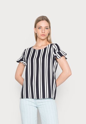 Top listrado em azul-marinho e branco com mangas curtas e franzidas, decote redondo e tecido suave. Projetado para um ajuste descontraído e estilo casual.