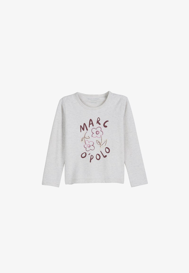 Hellgraues Langarmshirt aus Baumwolle mit floralen Mustern in Pink und Burgunderrot sowie dem Text "MARC O'POLO" in einer verspielten Schriftart.
