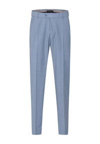 Hellblaue, maßgeschneiderte Hosen mit einem eleganten Design, hergestellt aus strukturiertem Stoff. Verfügt über einen Knopfverschluss und dezente Streifen am Taillenbund.