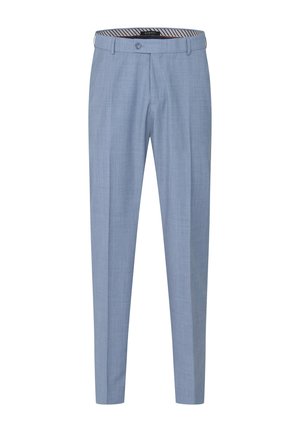 Light blue tailored trousers with a sleek design, crafted from textured fabric. Features a button closure and striped waistband detail.