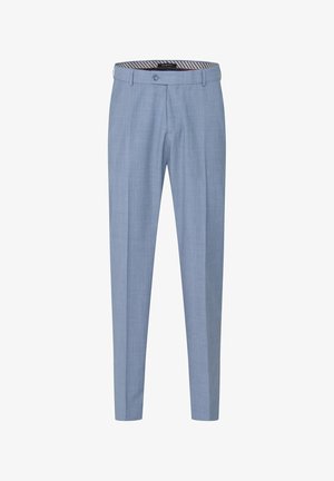 Light blue tailored trousers with a sleek design, crafted from textured fabric. Features a button closure and striped waistband detail.
