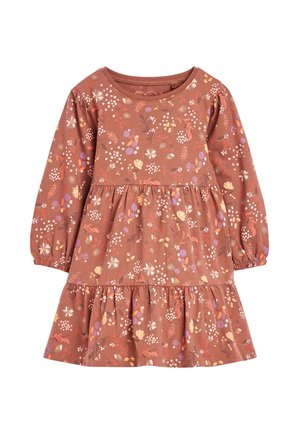 Rustfarvet langærmet kjole til pige med lagdelt nederdel og multifarvet blomsterprint i nuancer af hvid, gul, lilla og pink.