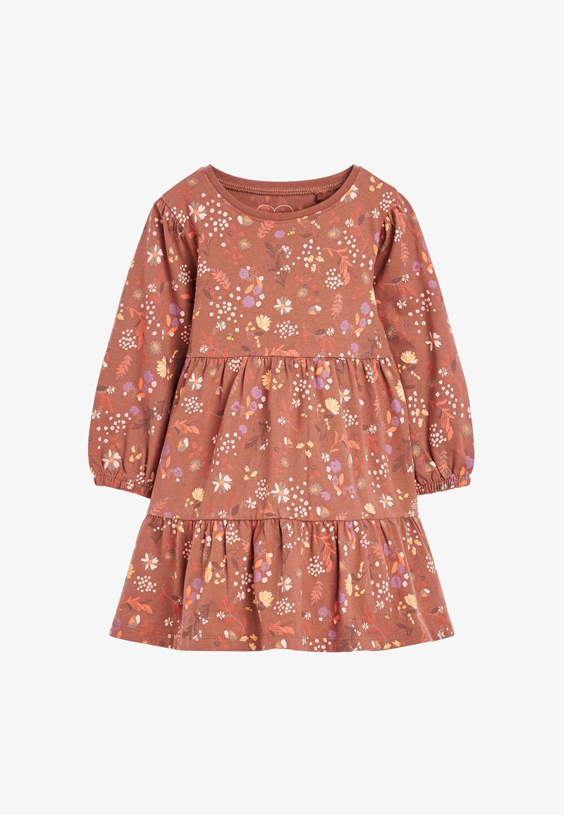 Robe pour fille à manches longues couleur rouille avec jupe à volants et motif floral multicolore dans des tons de blanc, jaune, violet et rose.