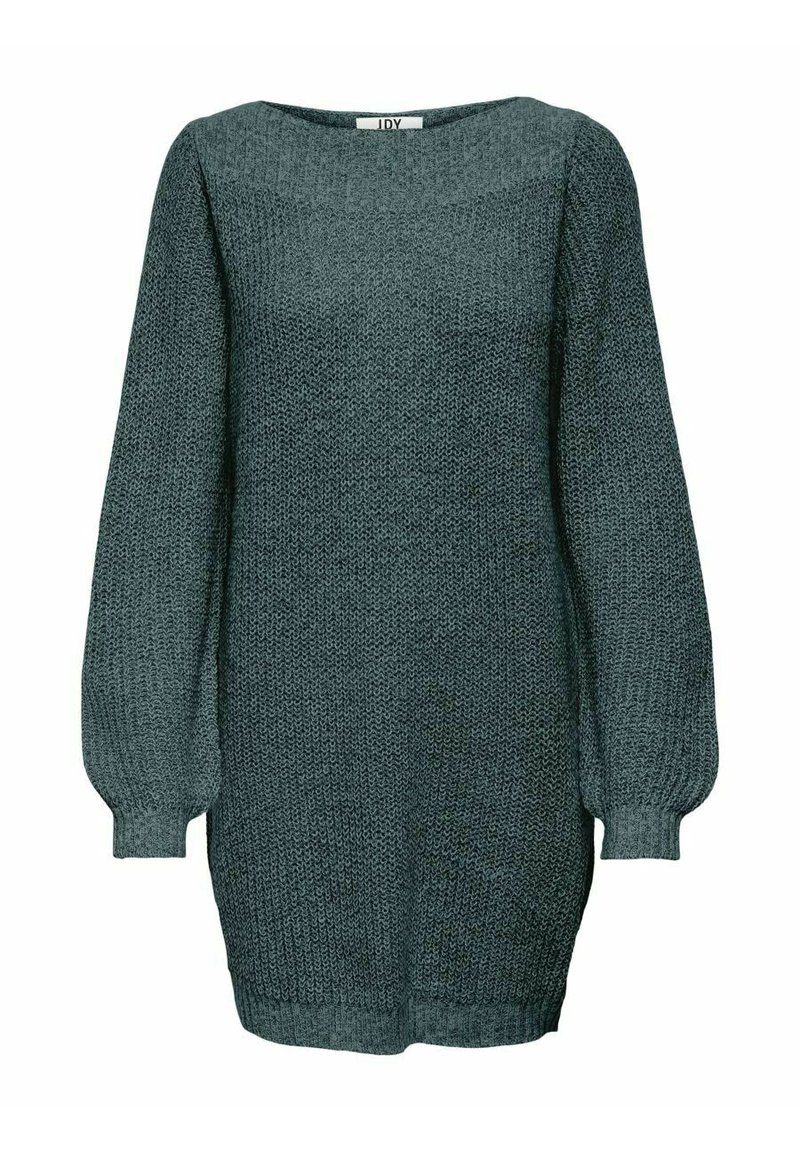 Abito maglione di colore verde scuro con maniche lunghe e voluminose e scollatura a barchetta. La texture è a coste, offrendo un aspetto accogliente.