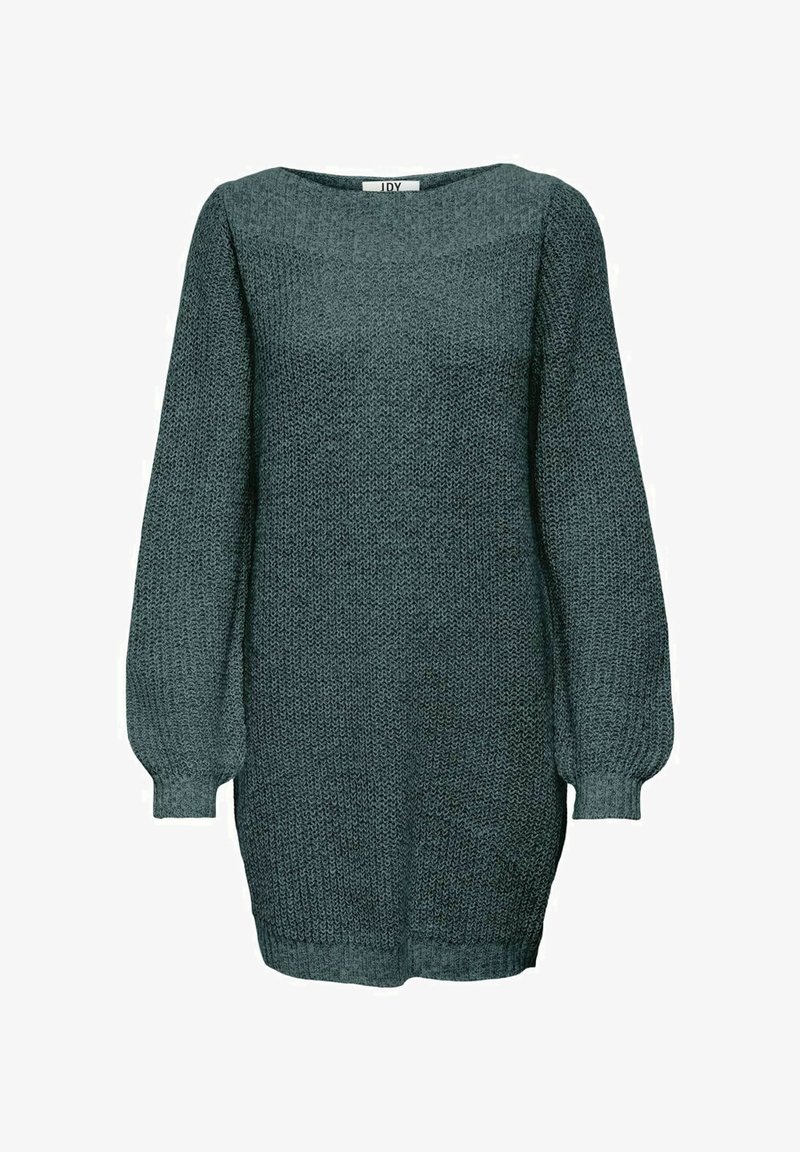 Abito maglione di colore verde scuro con maniche lunghe e voluminose e scollatura a barchetta. La texture è a coste, offrendo un aspetto accogliente.