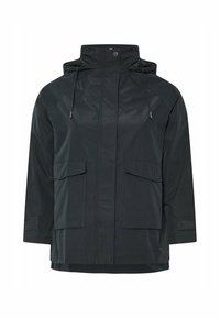 Svart vattentät jacka med huva, fram zip-stängning, dragsnören och två stora framfickor. Slät textur, avslappnad passform och andningsbart tyg.