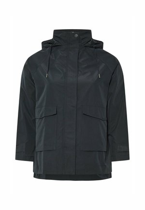 Black waterproof jacket with a hood, front zip closure, drawstrings, and two large front pockets. Smooth texture, relaxed fit, and breathable fabric.