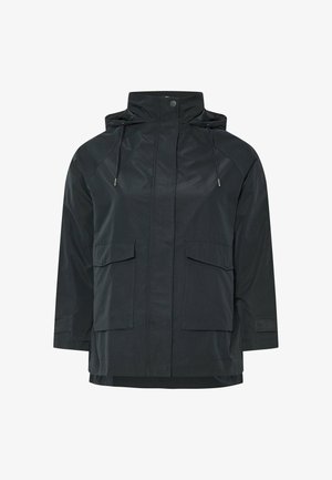 Black waterproof jacket with a hood, front zip closure, drawstrings, and two large front pockets. Smooth texture, relaxed fit, and breathable fabric.
