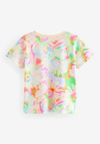 Kurzarm-T-Shirt aus leichtem Stoff mit einem bunten Blumenmuster in pastellfarbenen Tönen von Pink, Grün und Blau.