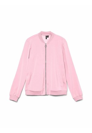 Veste bomber rose clair à manches longues, col et poignets côtelés, fermeture éclair à l'avant avec tirette circulaire et poches latérales.