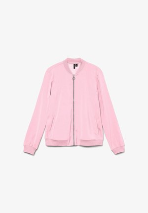 Veste bomber rose clair à manches longues, col et poignets côtelés, fermeture éclair à l'avant avec tirette circulaire et poches latérales.